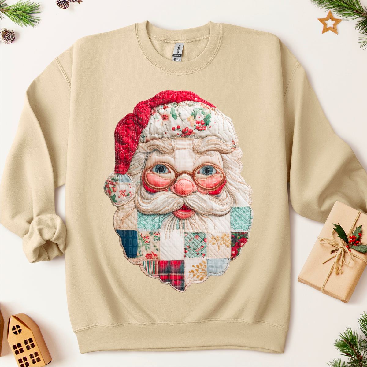 Patchwork Santa with blue DTF transfer