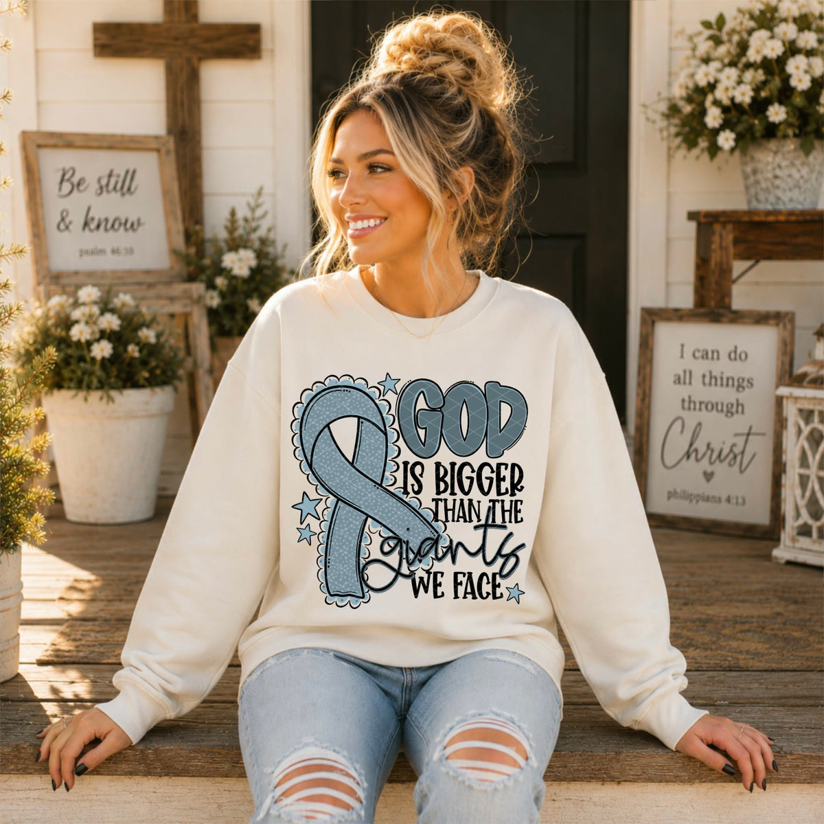 God is bigger than the giants we face DARK GREY  ribbon (SDD) DTF Transfer
