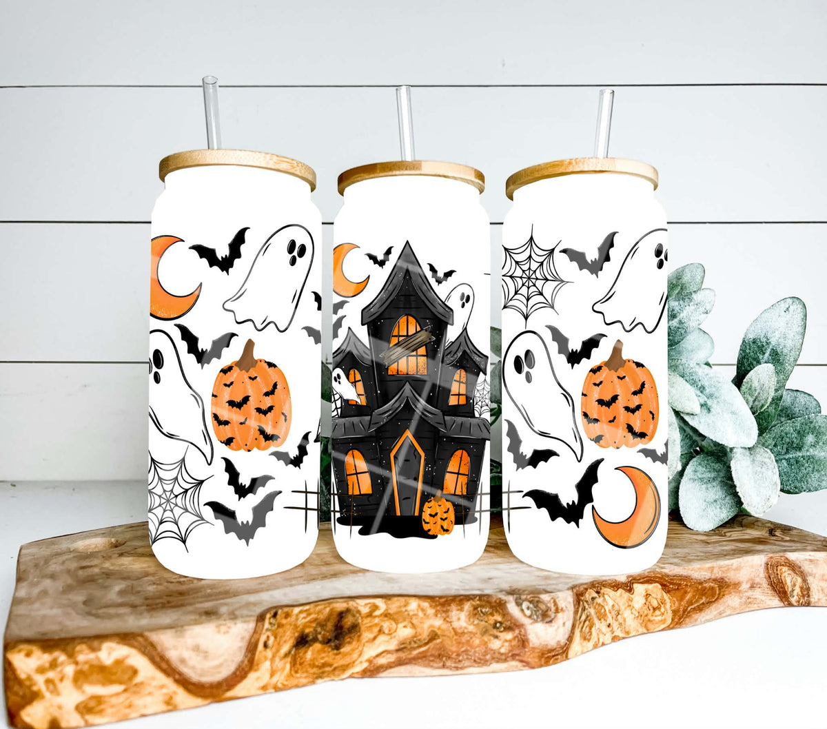 Black haunted house orange lighting ghosts moon bats  (Linda) UV DTF WRAP