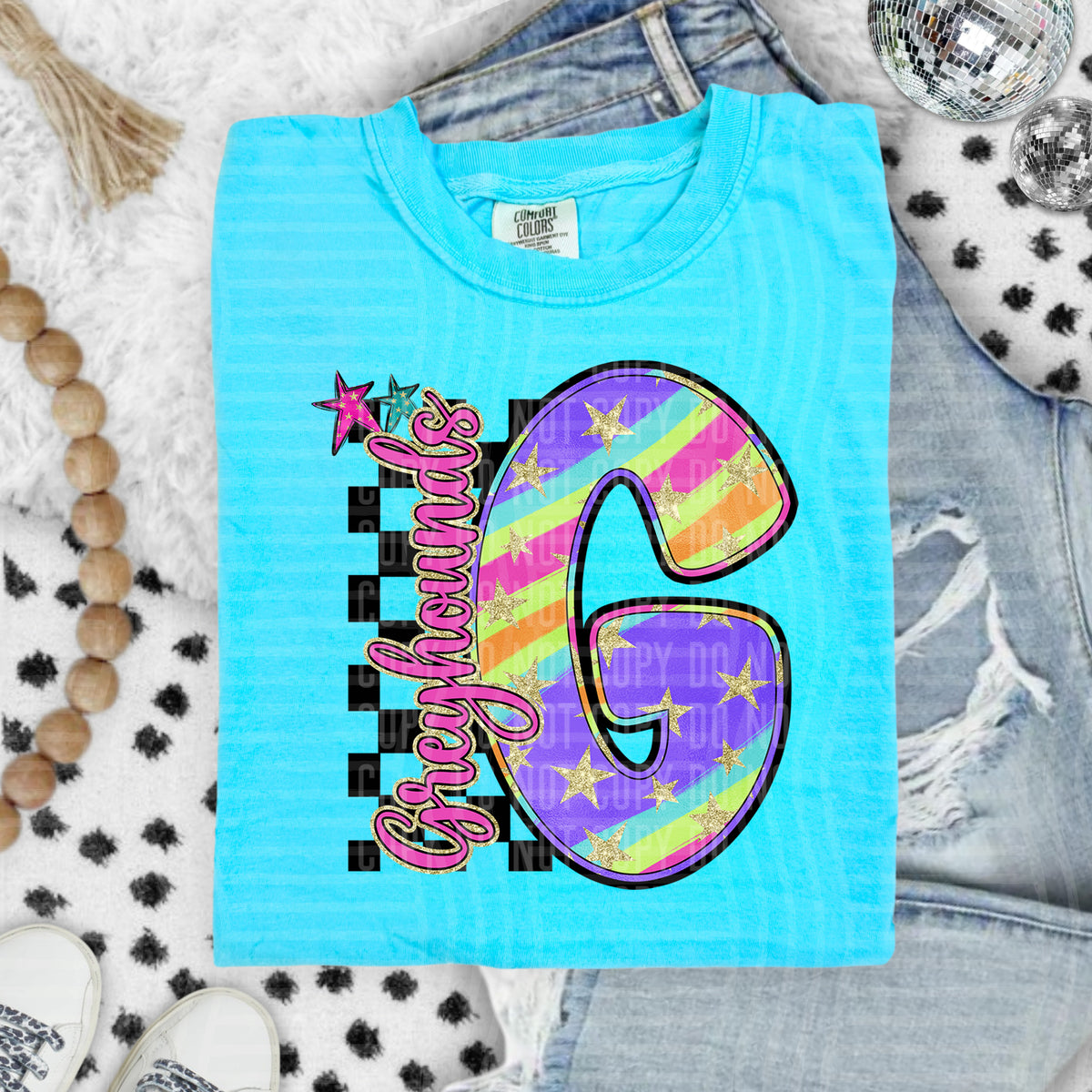 Greyhounds Colorful Retro Rainbow Letter G With Stars And Checker 108113 DTF transfer