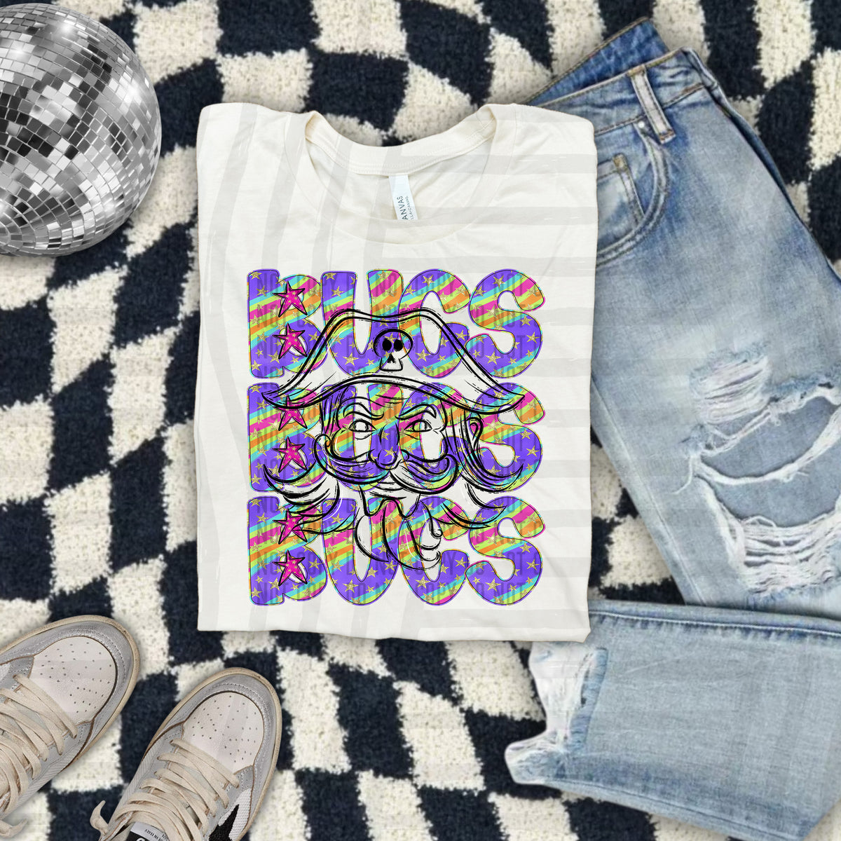 Bucs With Skull Colorful Word Stacked With Stars 108570 DTF Transfer