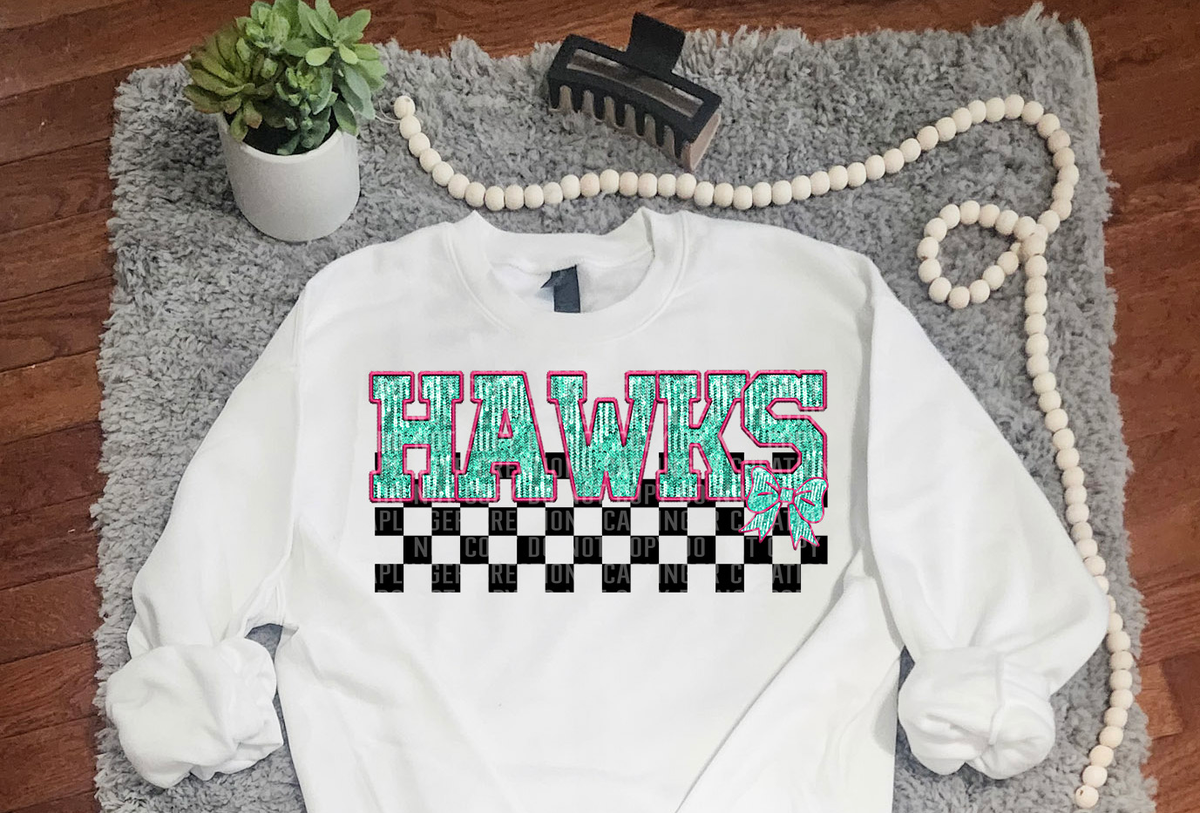 Turquoise And Pink Faux Embroidery Hawks 74087 DTF Transfer