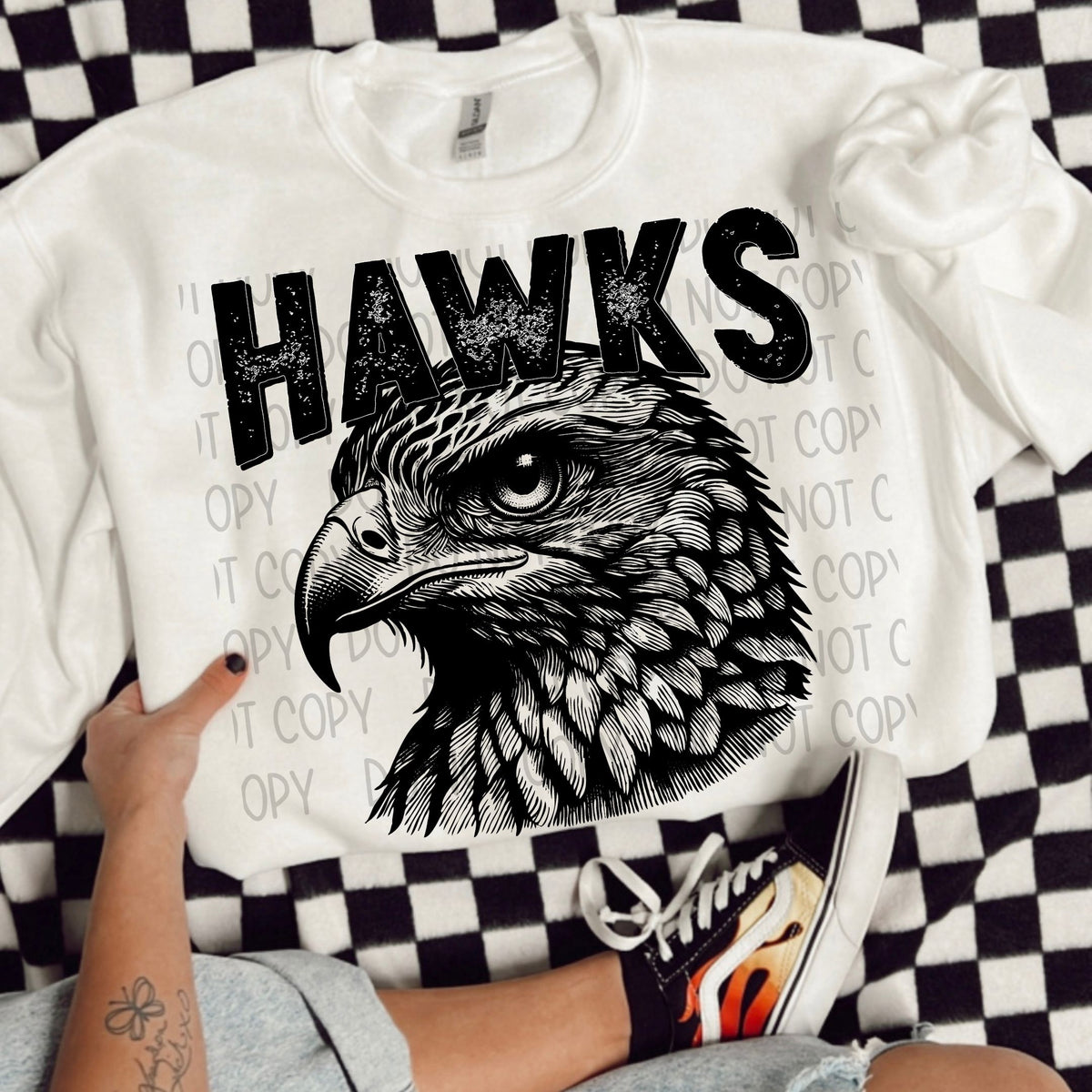 Hawks black/white outline DTF transfer