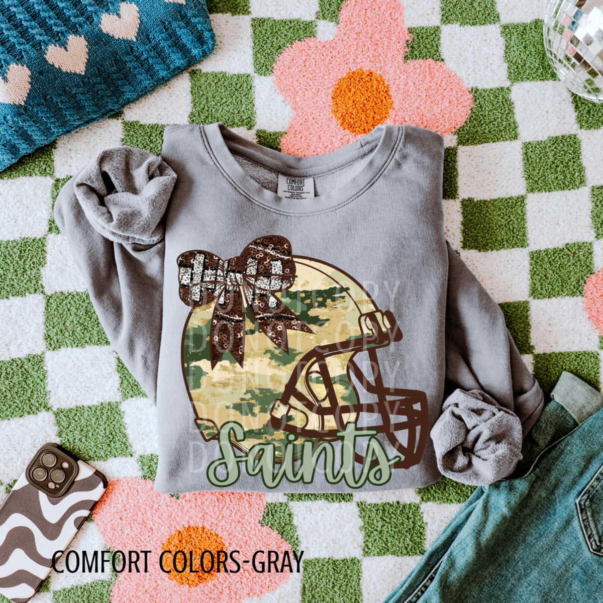 Saints Camo Football Helmet with Bow (csg) DTF transfer