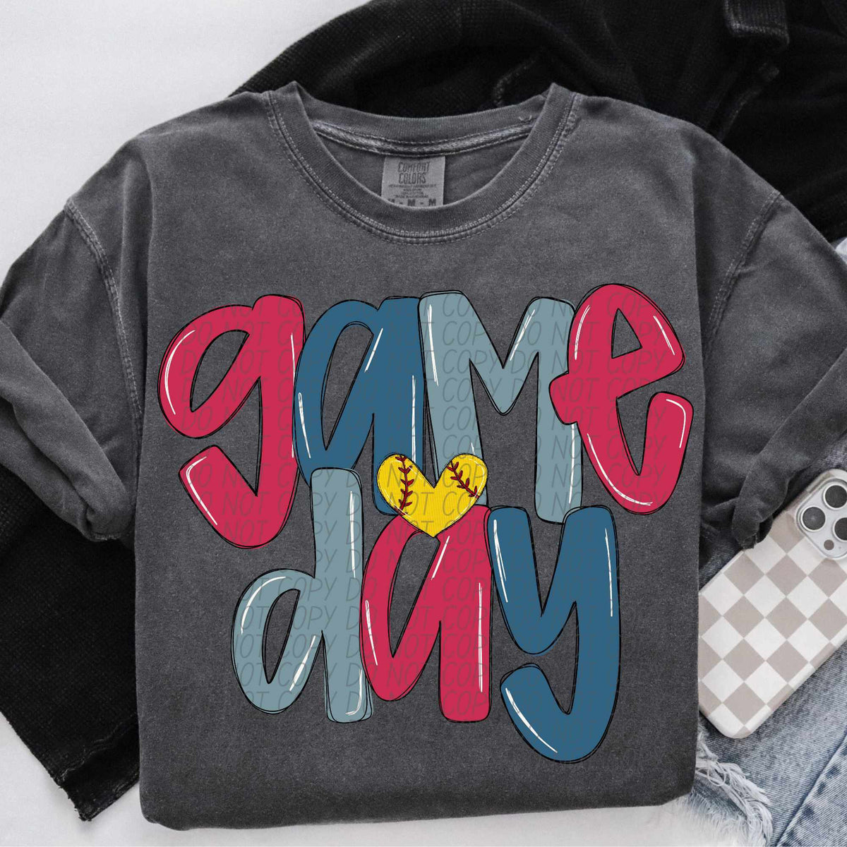 Game day red and blue with softball heart (CITY) 84964 DTF transfer