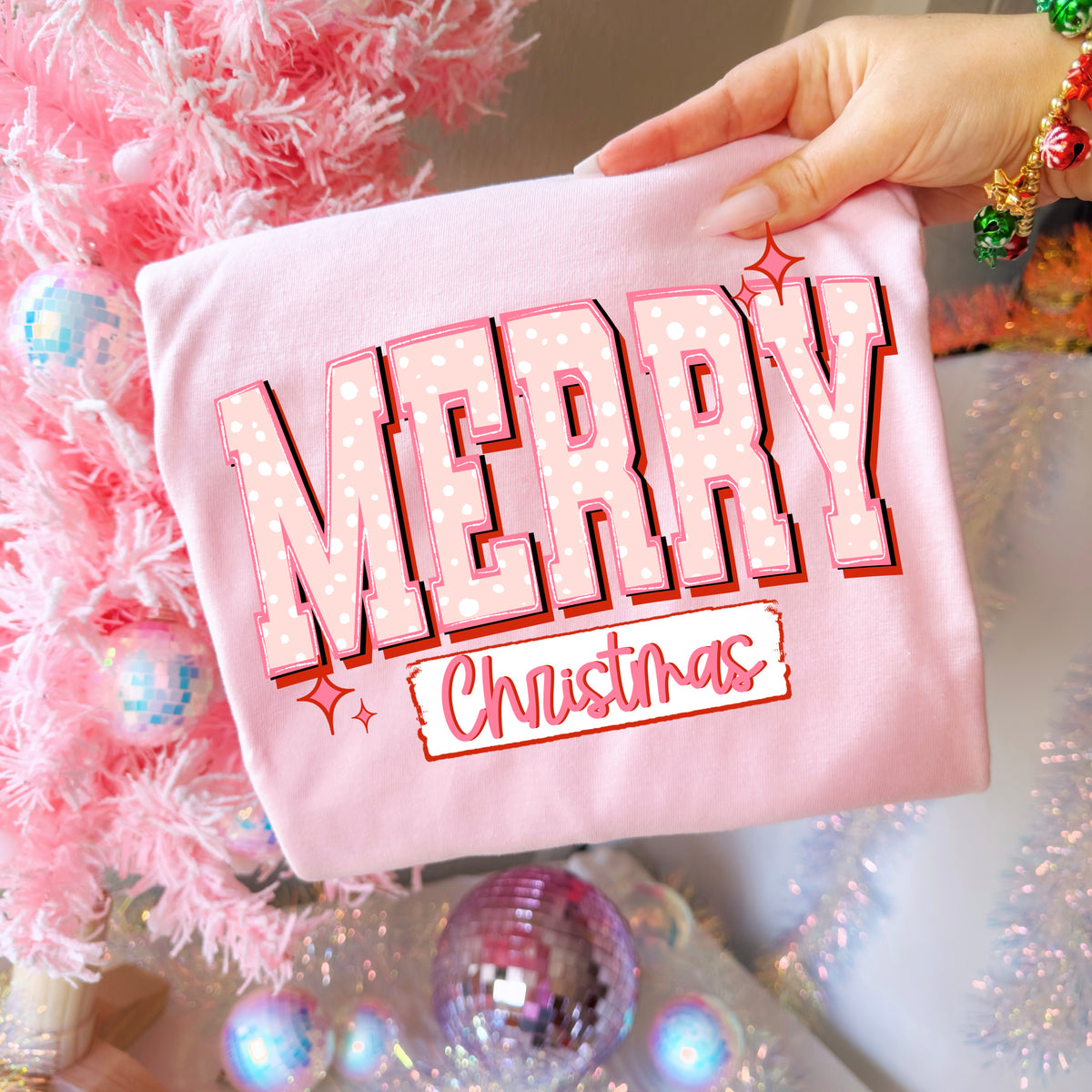 Merry patterned varsity (pink) (csc) DTF Transfer