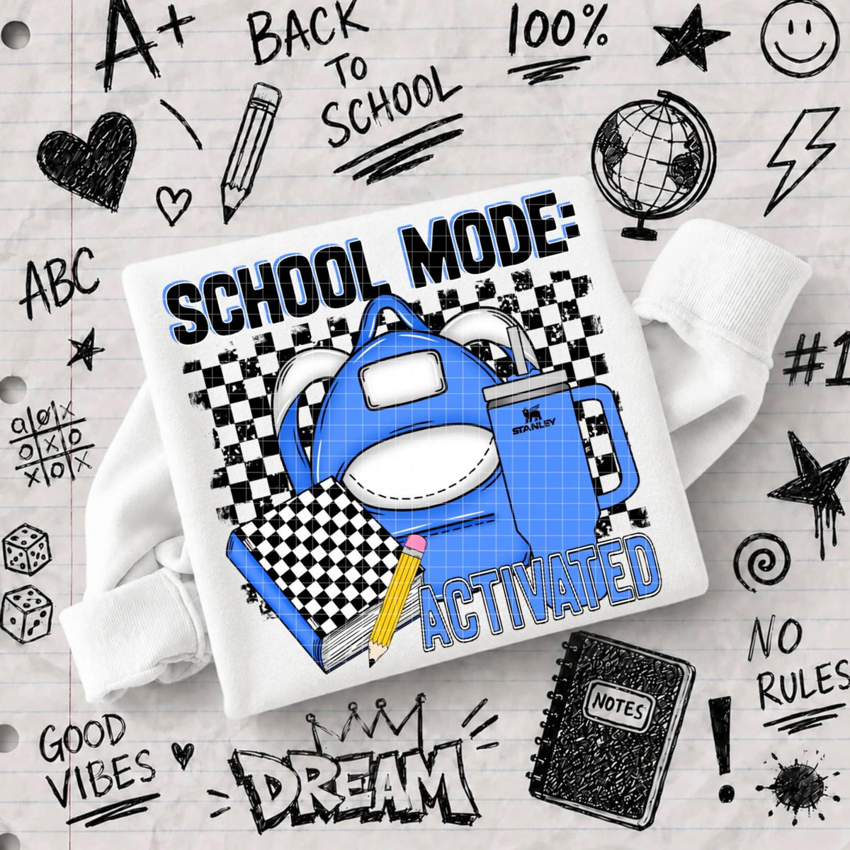 School mode activated blue Sunday Special DTF transfer