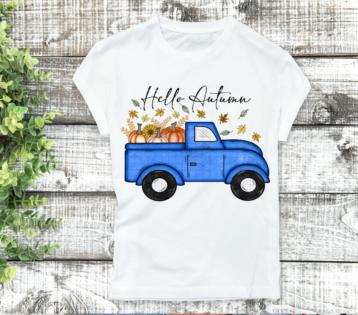 Hello autumn blue truck 107948 DTF transfer