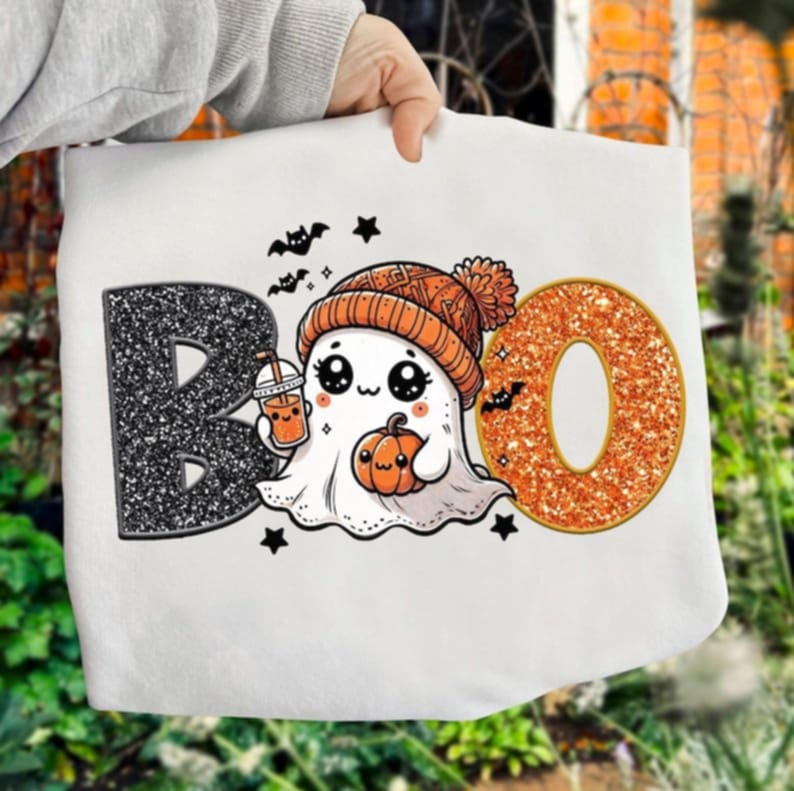 Boo Faux glitter with ghost, orange and black letters DTF transfer