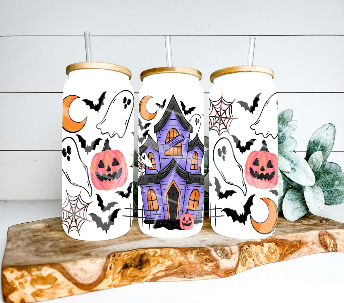 Purple haunted house orange lighting pumpkins moon bats  (Linda) UV DTF WRAP