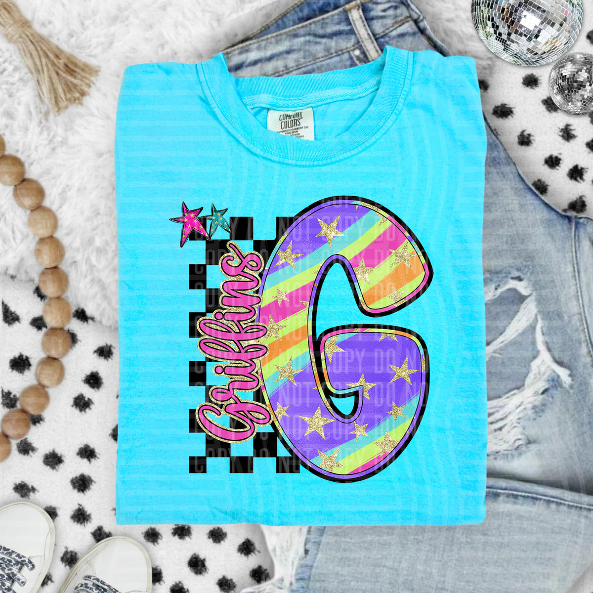 Griffins Colorful Retro Rainbow Letter G With Stars And Checker 108114 DTF transfer