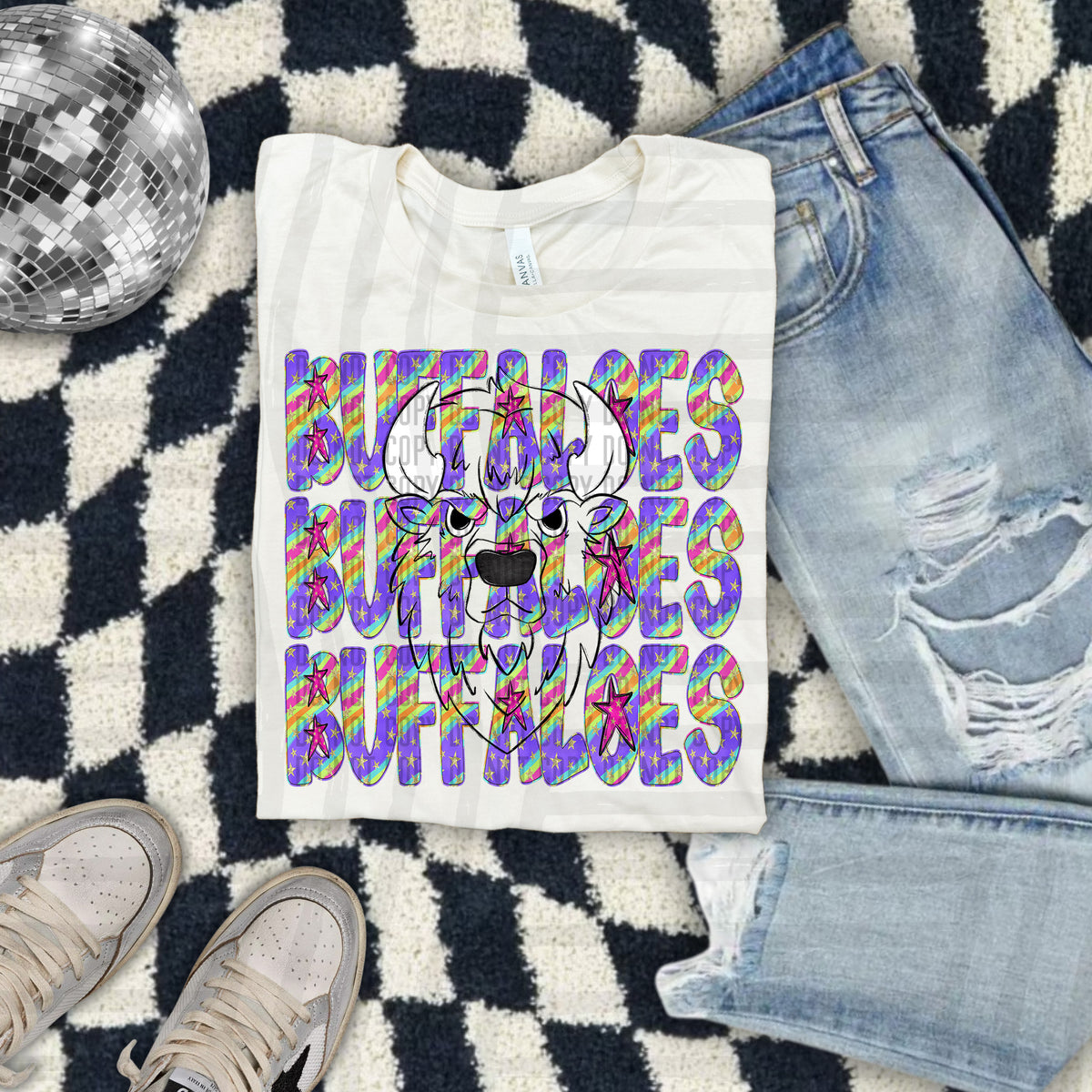 Buffaloes White Filled Horns Colorful Word Stacked With Stars 108571 DTF Transfer