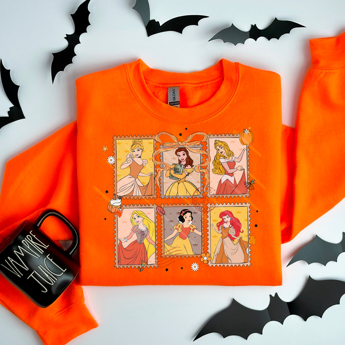 Six princess pumpkin stamp frames collage with bow 111857 DTF transfer