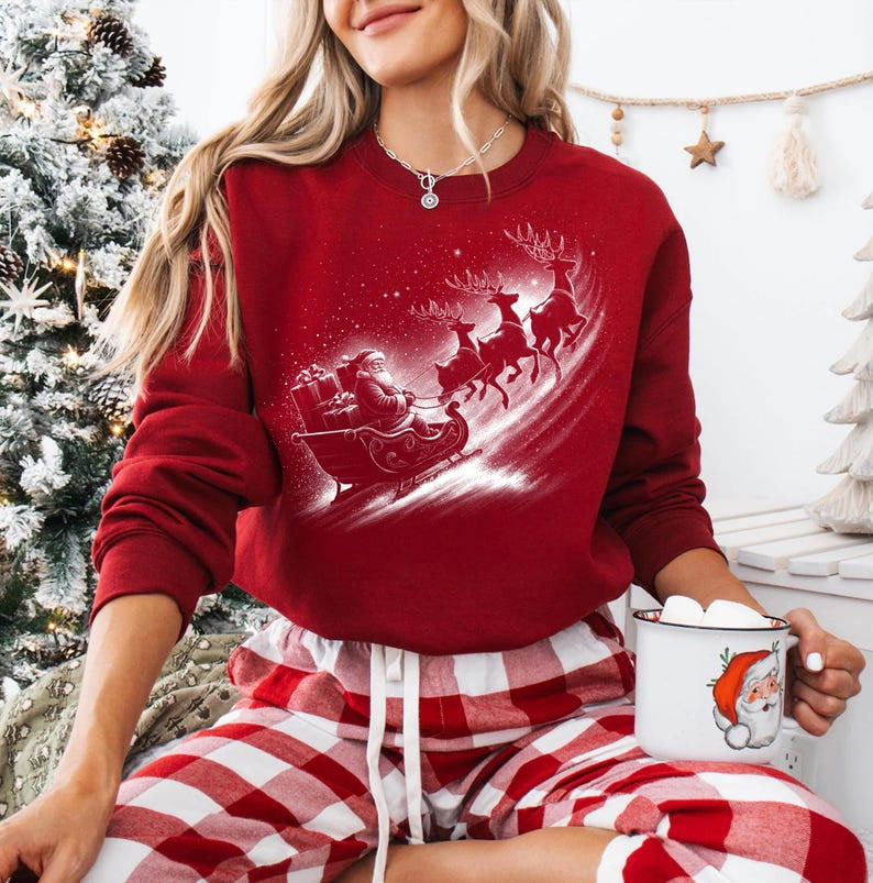 Vintage Santa and sleigh WHITE DTF Transfer