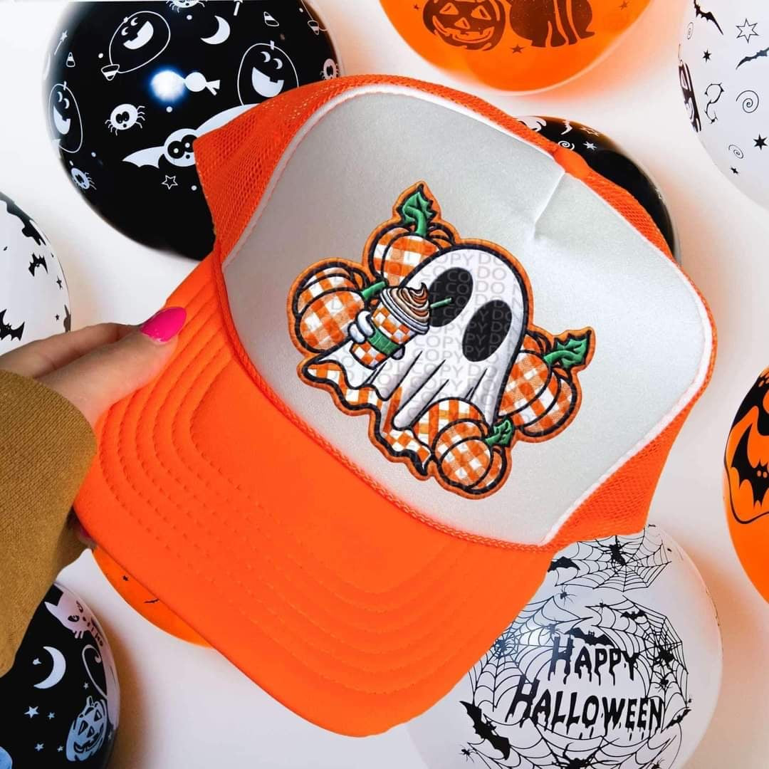 Ghost plaid pumpkins background hat patch (HW) 55278 DTF transfer