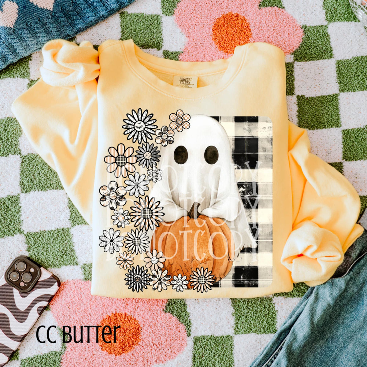 Ghost with pumpkin florals and plaid (csg) DTF transfer