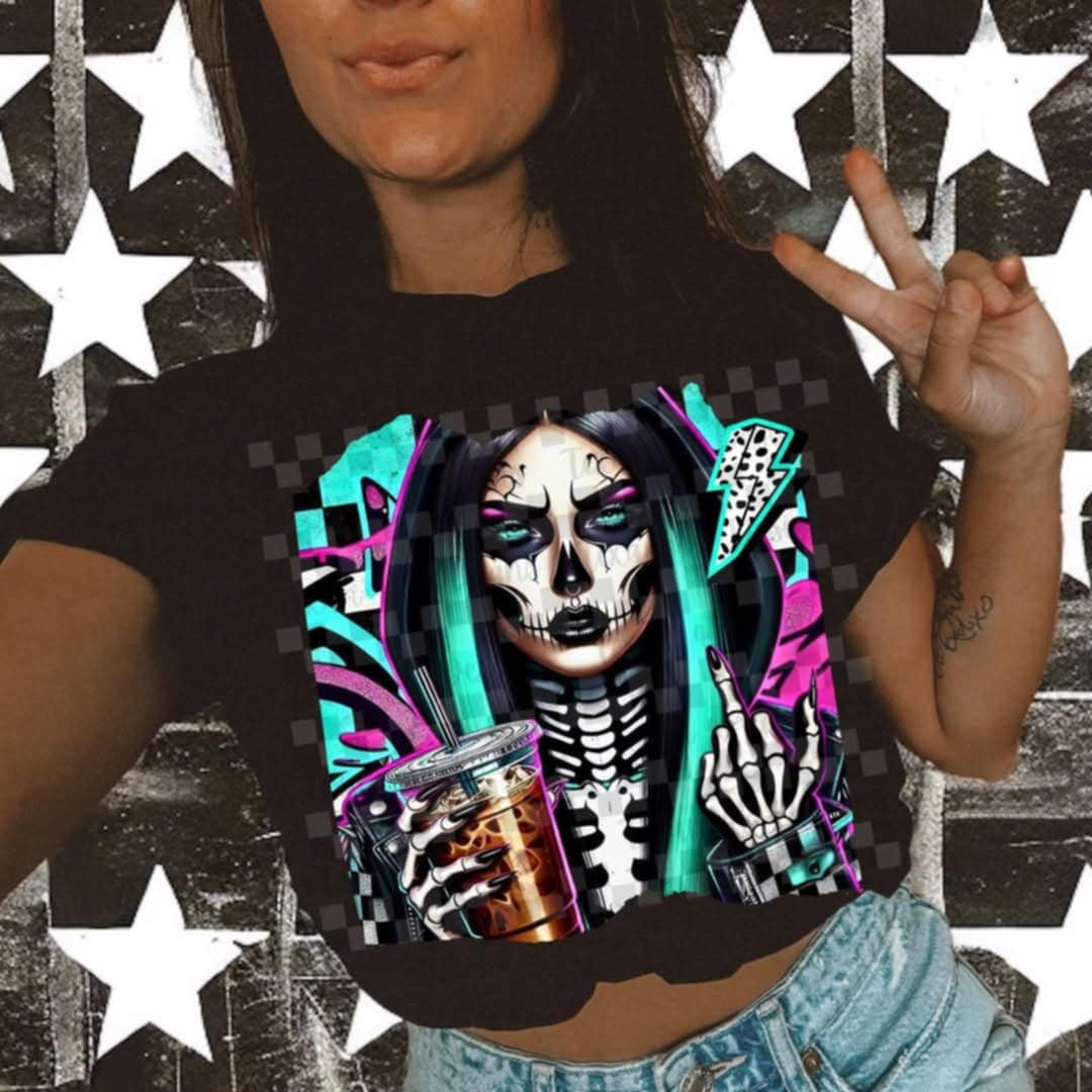 Skellie girl with coffee (Texans) 106349 DTF transfer