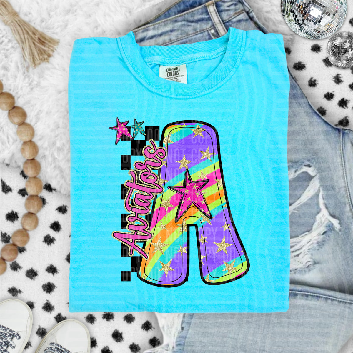 Aviators Colorful Retro Rainbow Letter A With Stars And Checker 108087 DTF transfer