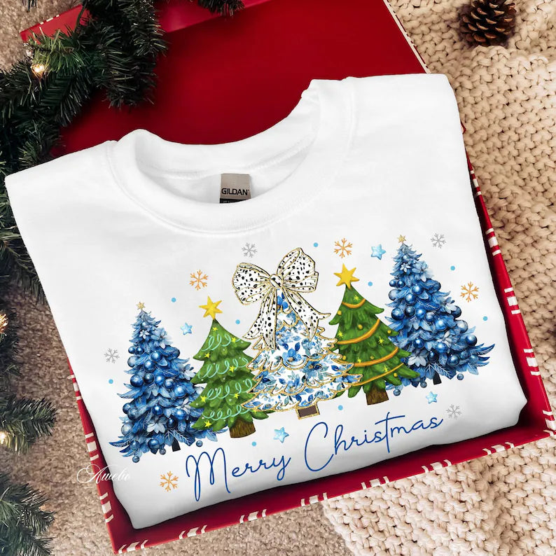 Merry christmas green and blue trees 67598 DTF transfer