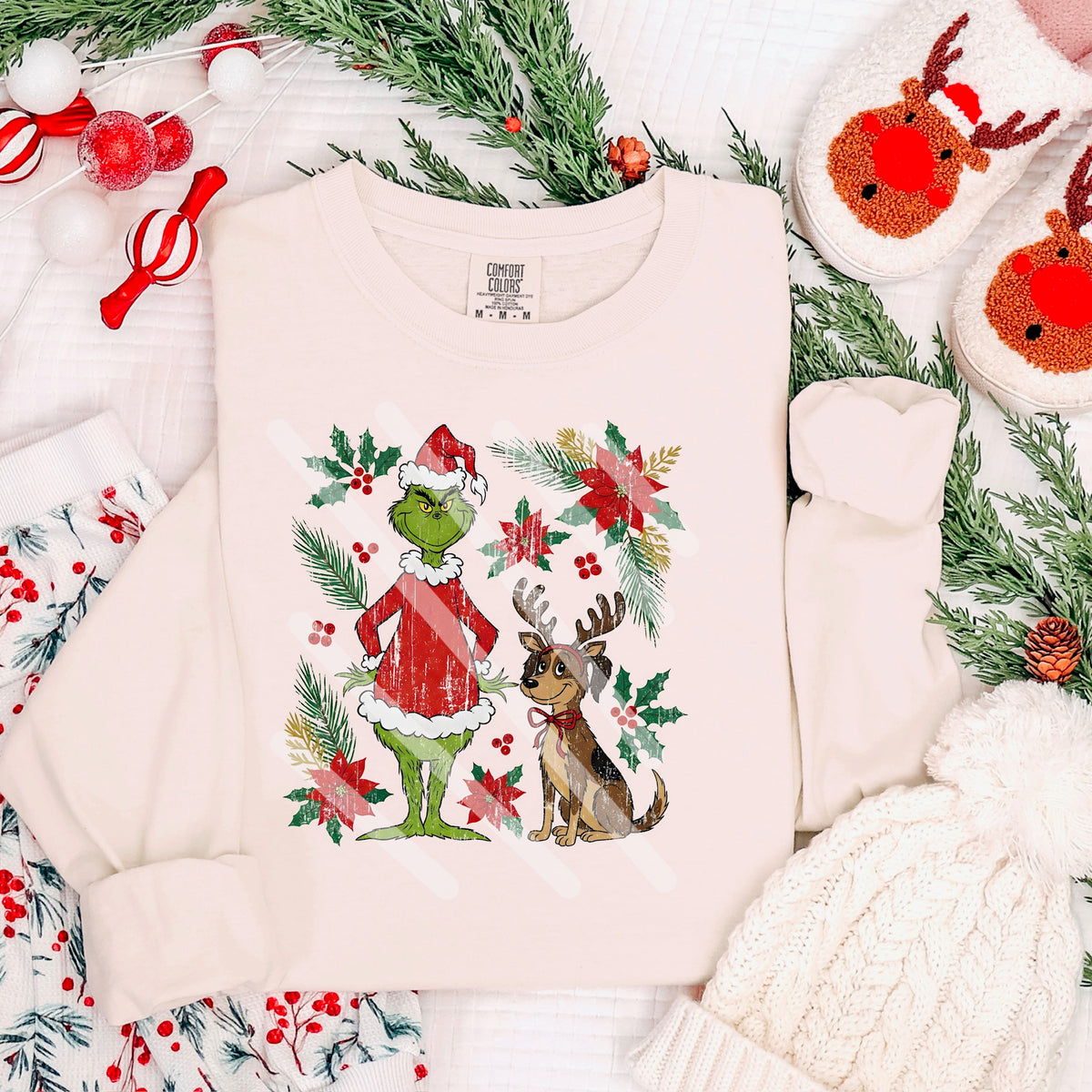 Green Guy and reindeer with pointsettas 115144 DTF transfer