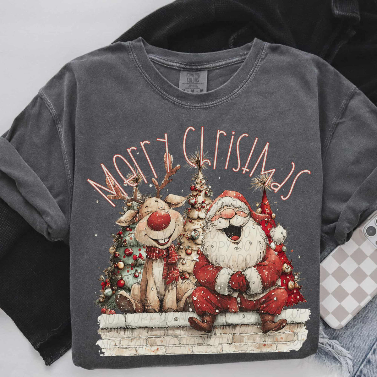Merry Christmas reindeer and Santa (pink text) (city) DTF transfer