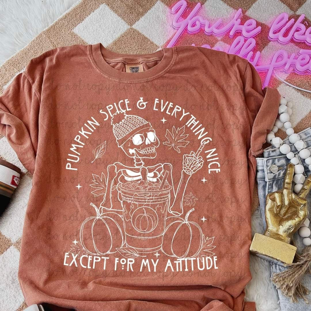 Pumpkin spice & everything nice except for my attitude WHITE (MMD) 58932 DTF transfer