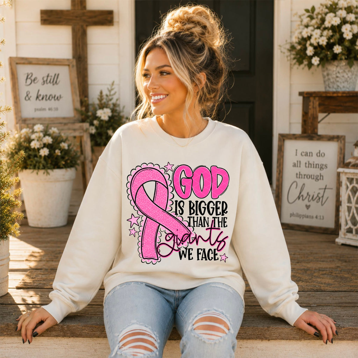 God is bigger than the giants we face PINK  ribbon (SDD) DTF Transfer