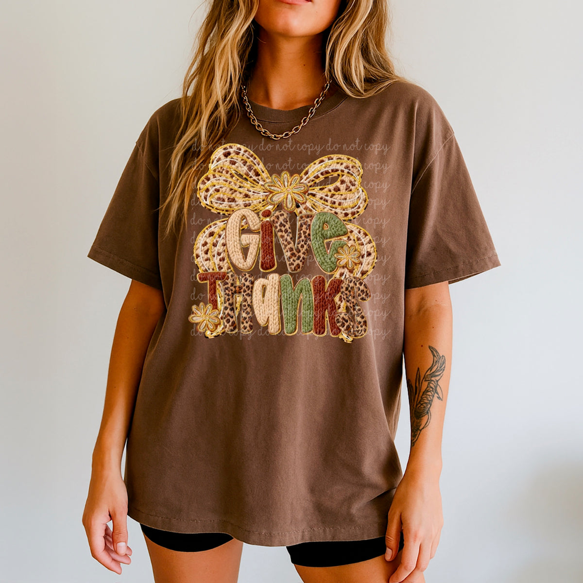 Give Thanks Faux Yarn gold bow 117418 DTF Transfer