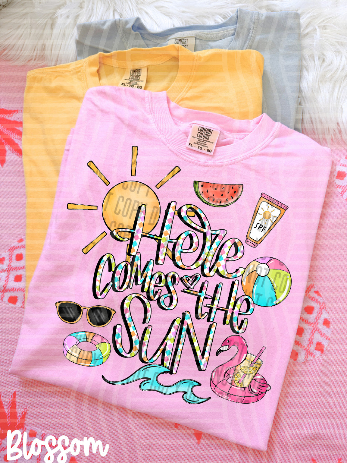 here comes the sun with wave watermelon slice floaties and sun (caplinger) DTF transfer