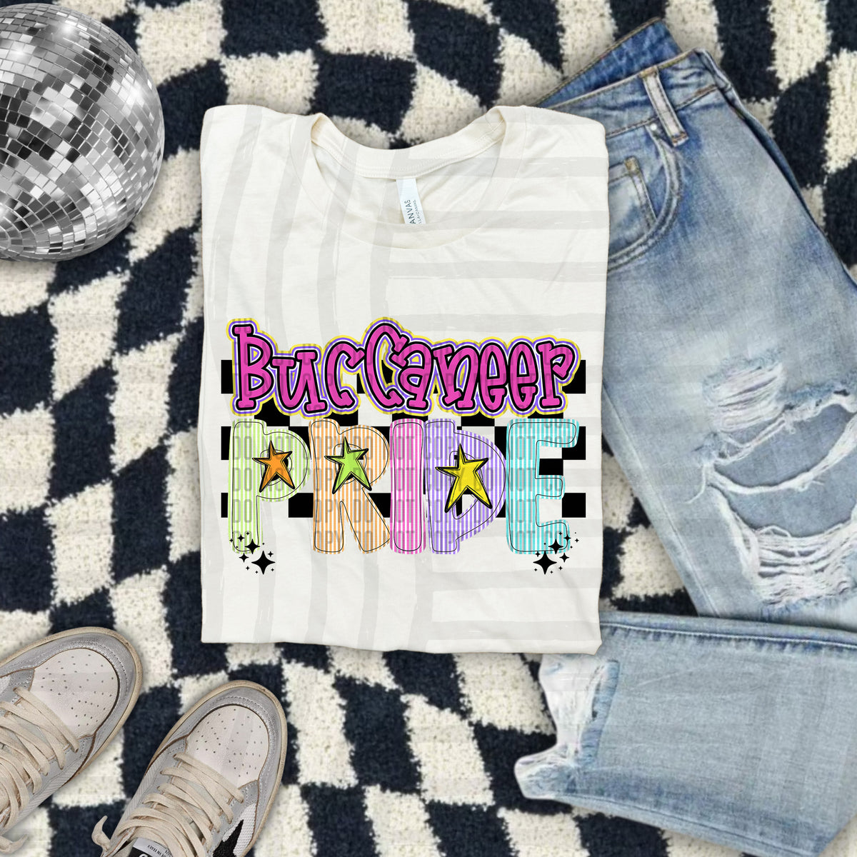 Buccaneer Pride - Colorful Stripe With Stars And Checker 108174 DTF transfer