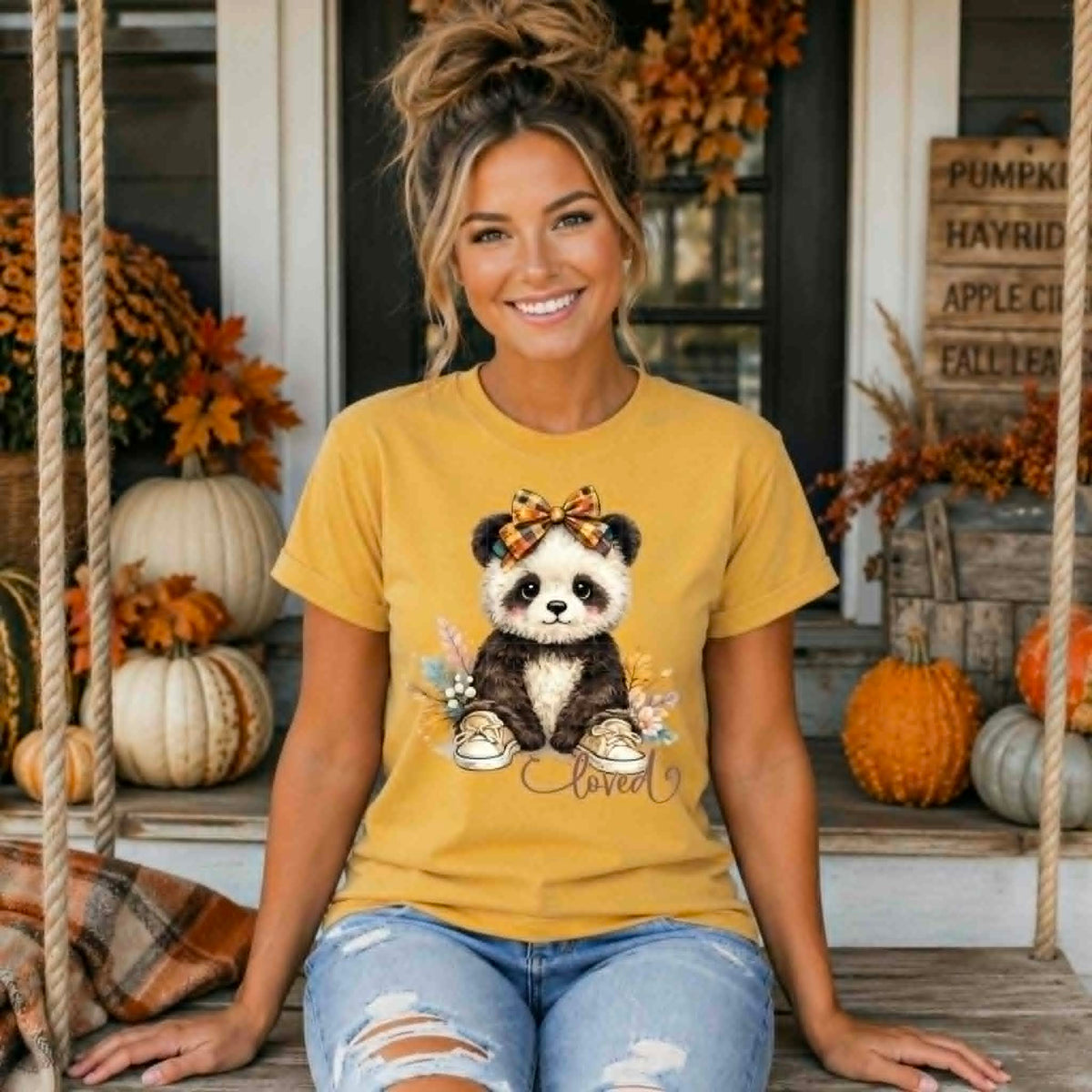 Loved fall panda with fall bow and shoes (SDD) DTF Transfer