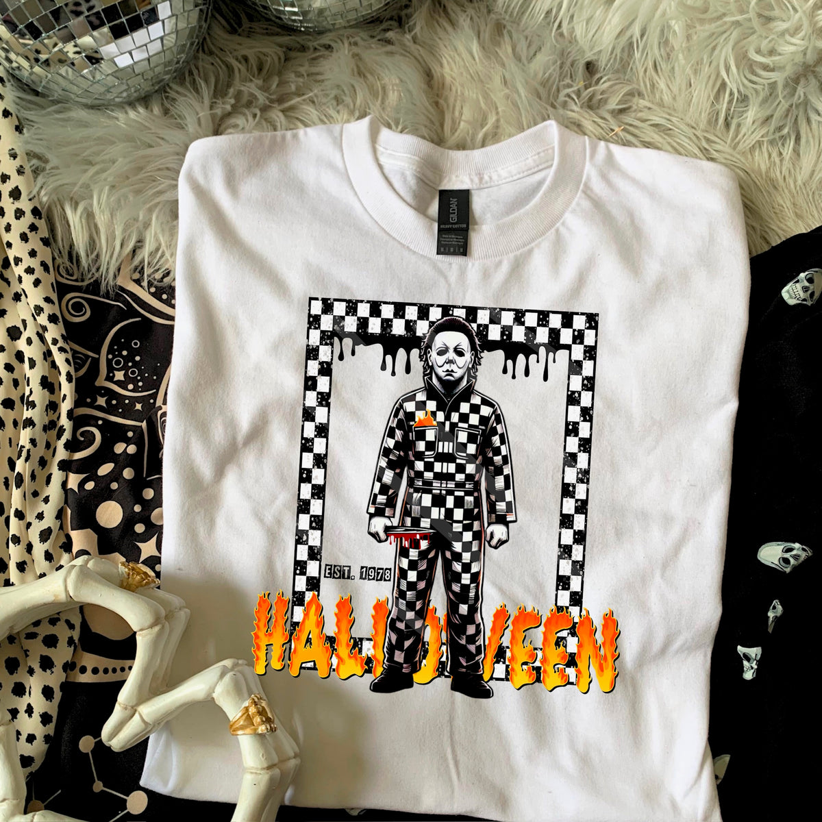 Mike Halloween fire with checker border 110710 DTF transfer