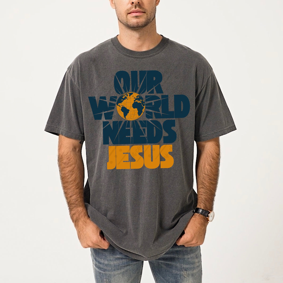 Our world needs jesus (blue and yellow) DTF Transfer
