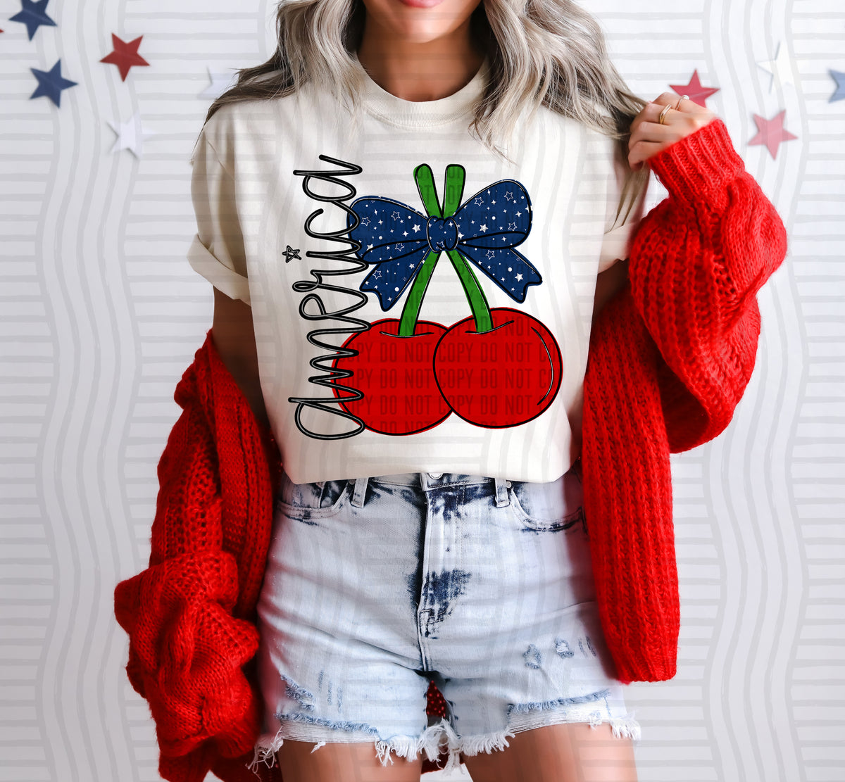 America red cherries with blue sparkly bow (caplinger) DTF Transfer
