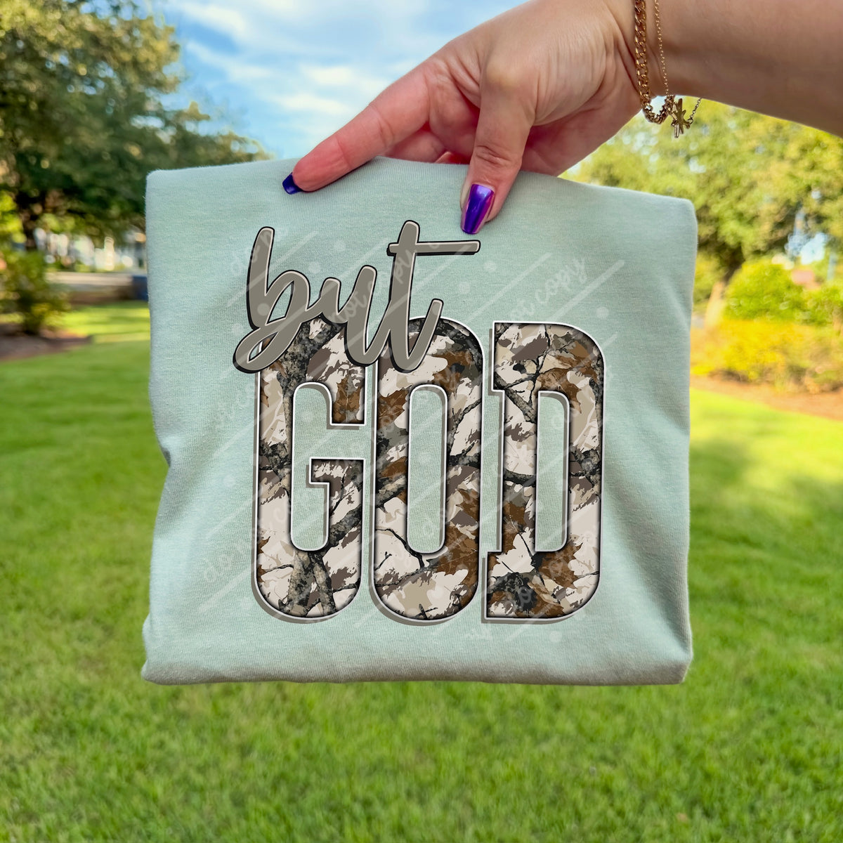 But God camo DTF transfer