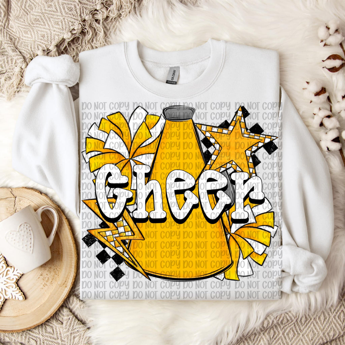 Cheer white words Yellow megaphone and pom poms  VP DTF transfer