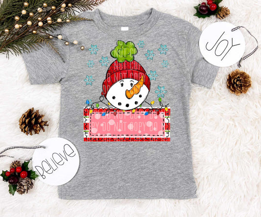 Snowman red name tag blue snowflakes (caplinger) 73048 DTF transfer