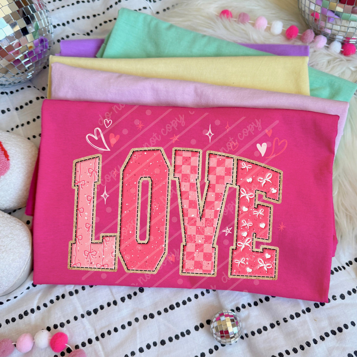 Love varsity font and hearts DTF transfer