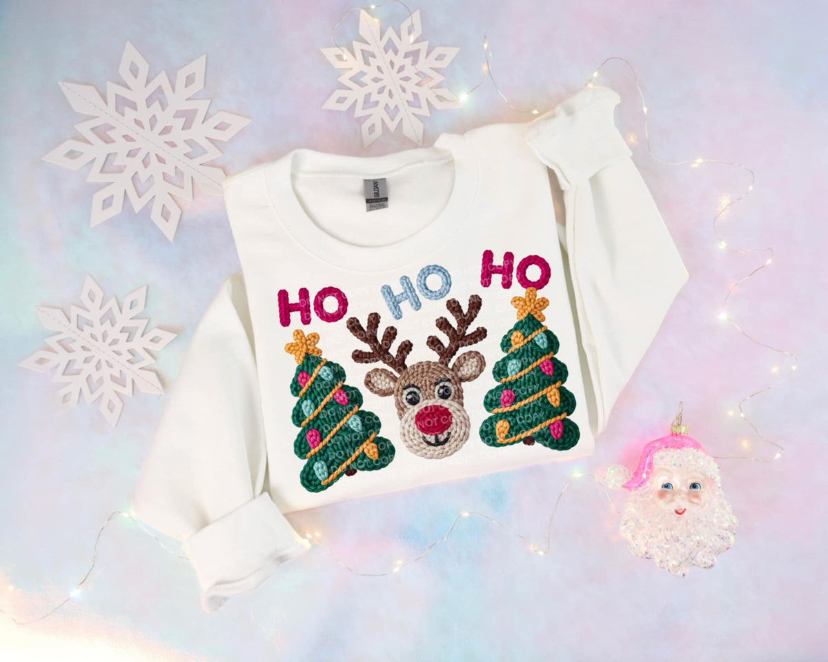 Faux Yarn Ho Ho Ho reindeer and trees (Scg) DTF Transfer