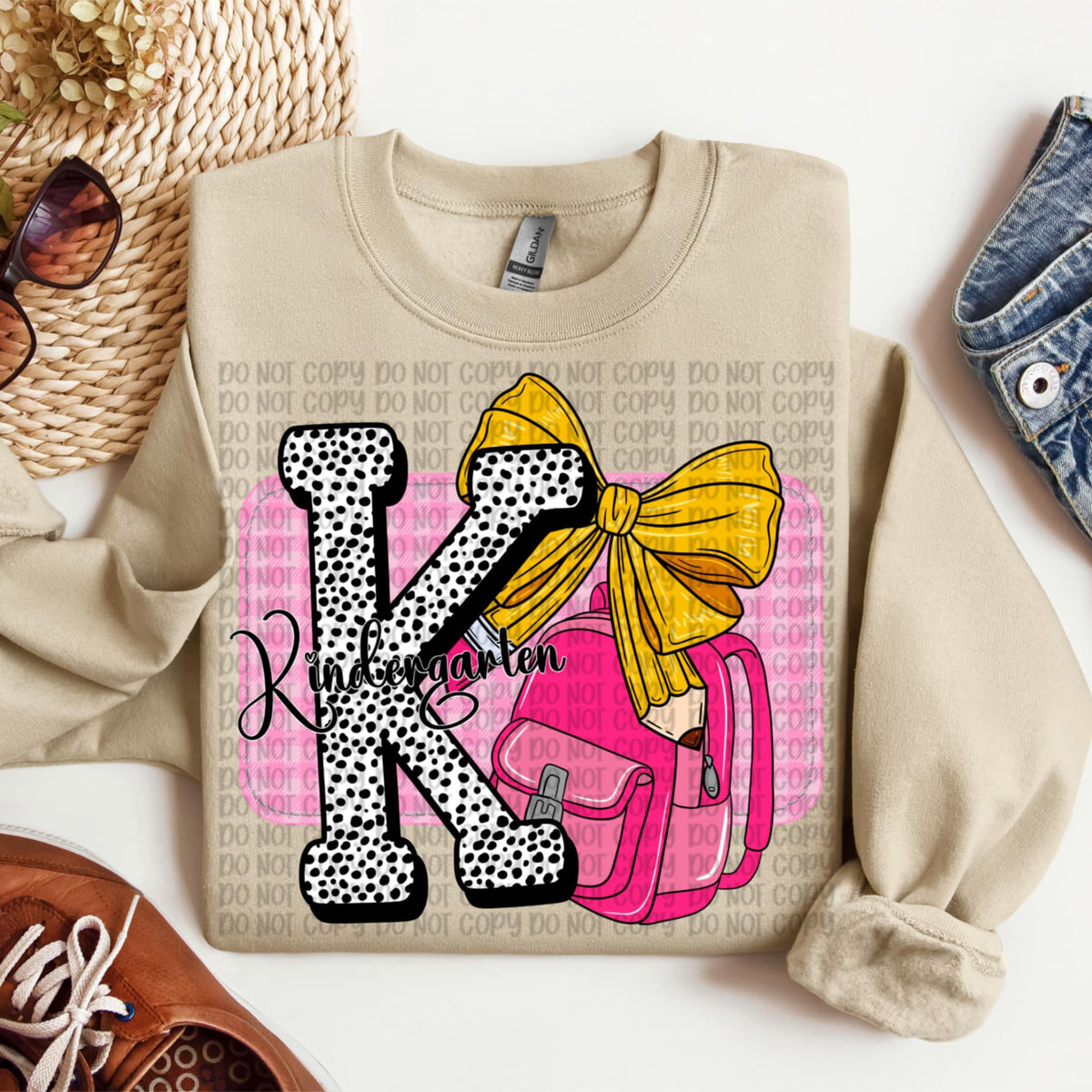 Kindergarten Polka Dot with pencil bow and backpack DTF transfer