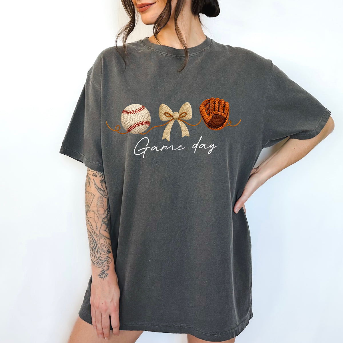 Game Day faux yarn cursive white DTF Transfer