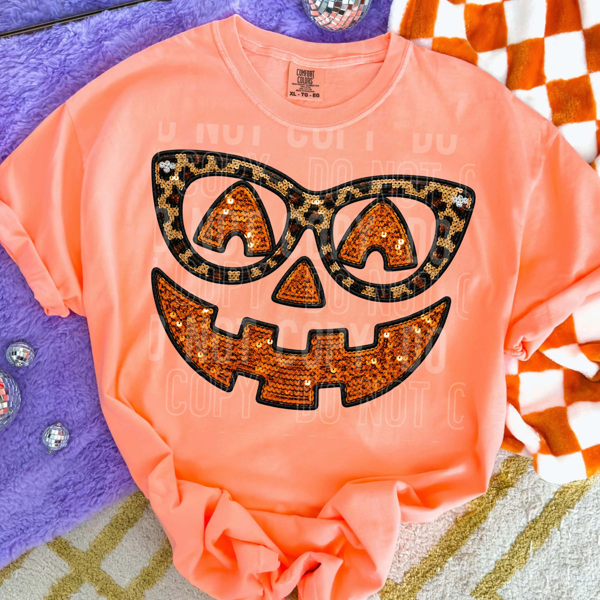 Sequin pumpkin face with leopard glasses SBB DTF transfer