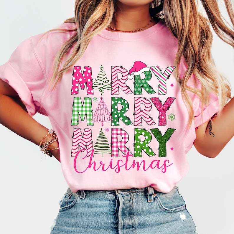 Merry Christmas stacked pink and green 62247 DTF transfer