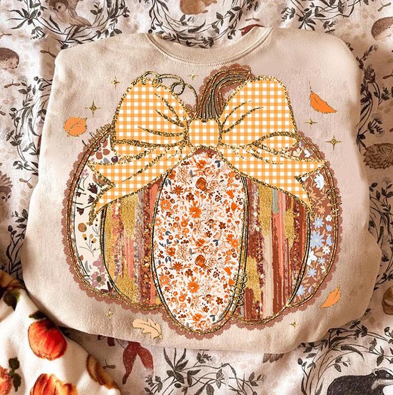Fall patterned pumpkin with bow 109828 DTF transfers