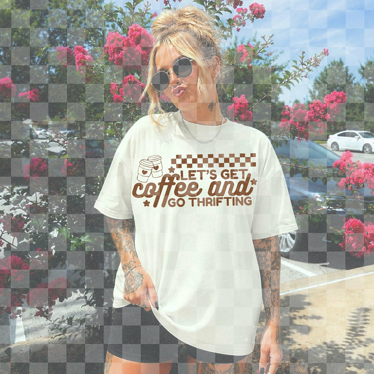Let’s get coffee and go thrifting BROWN font (Unhinged) DTF Transfer