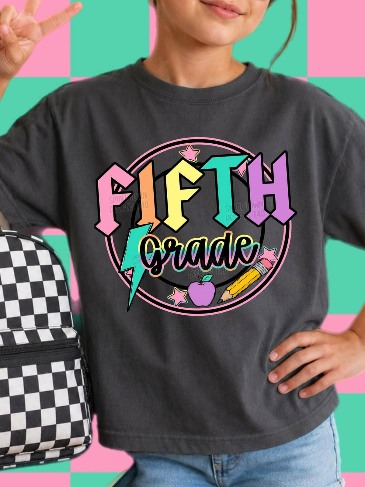 Fifth Grade colorful lightning bolt retro circle with stars (STD) DTF Transfer