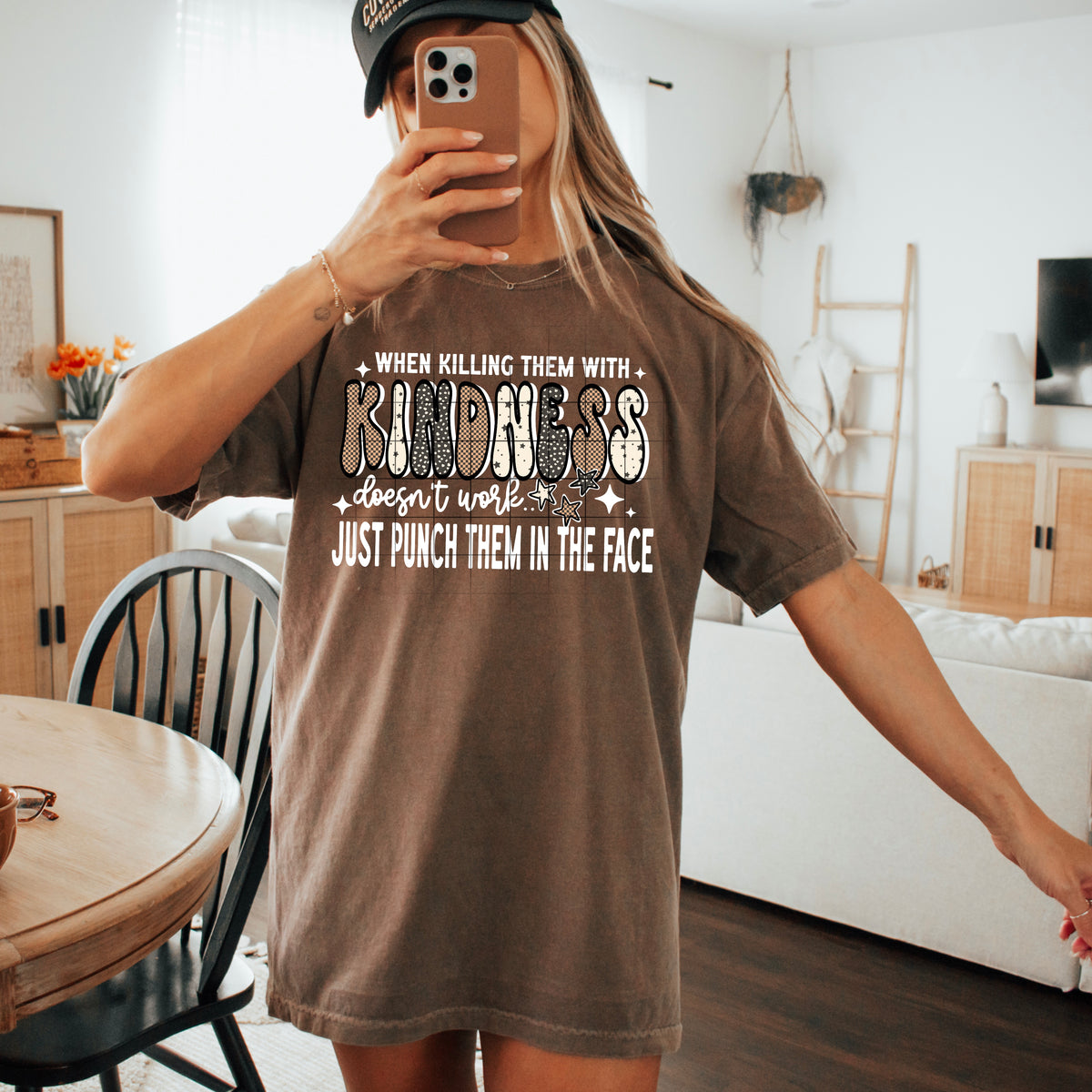 Killing them with kindness, punch them in the face WHITE WORDS (csc) DTF transfer