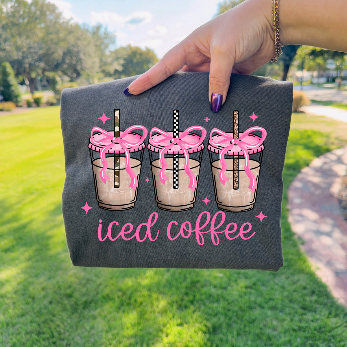 Three iced coffees and pink bows (CSC) DTF Transfer