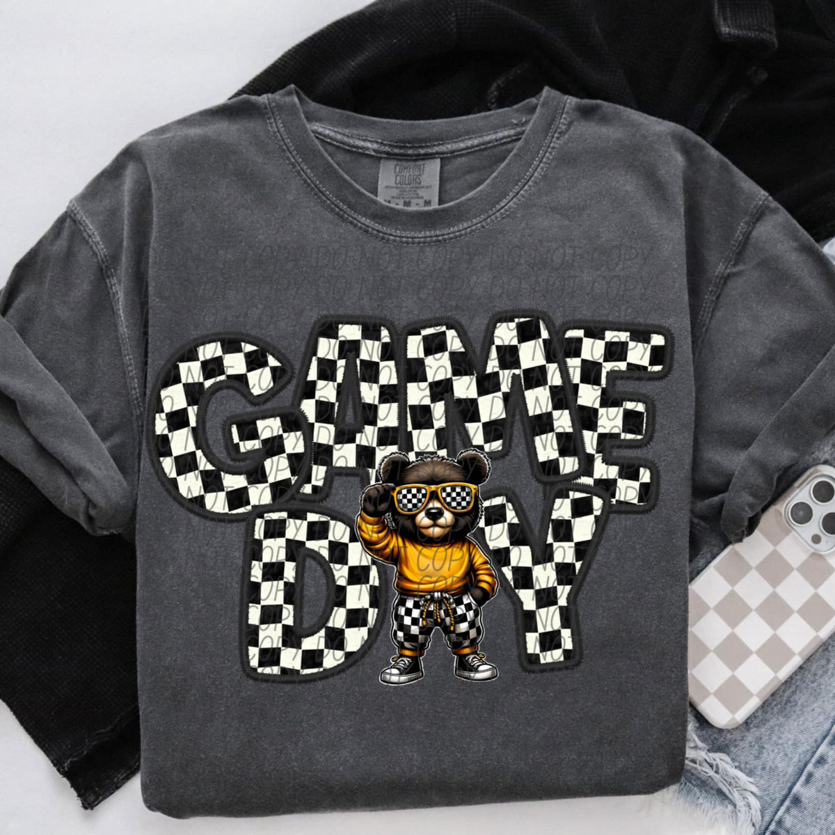 Game day bear yellow hoodie checkered (CITY) 91330 DTF transfer