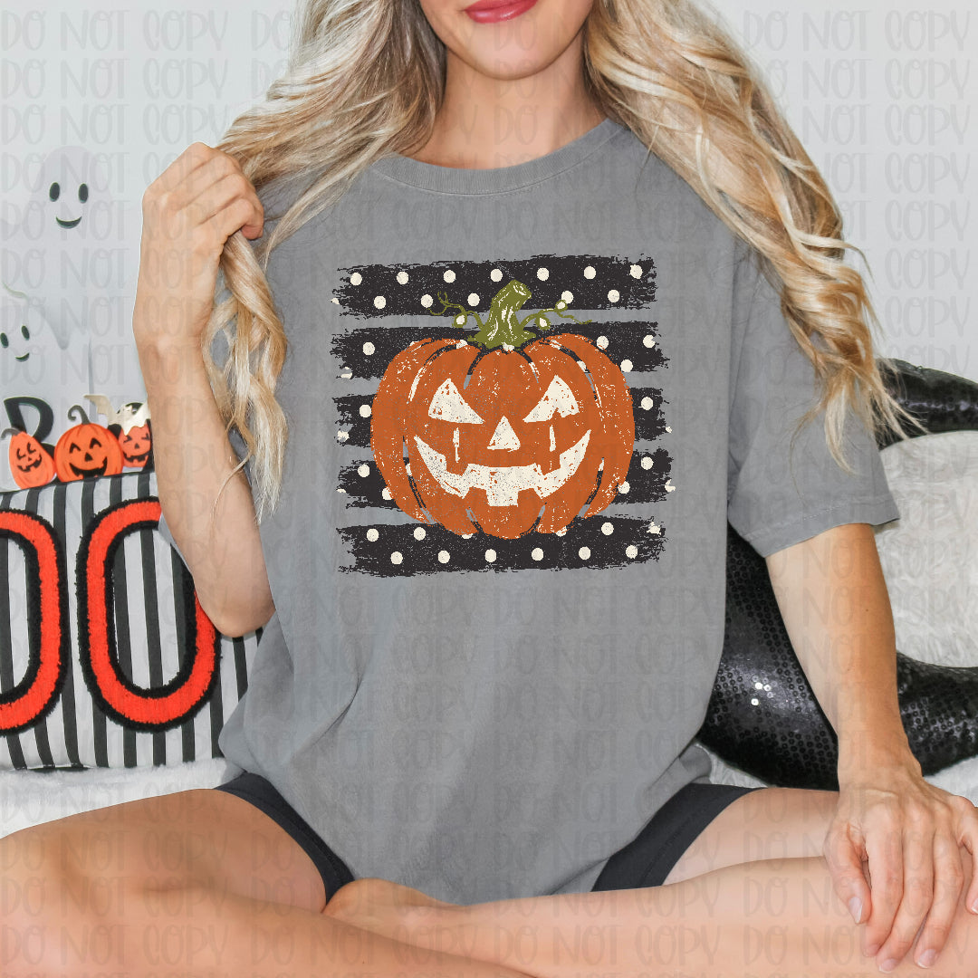 Jack o lantern and polkadot stripes Sunday Special DTF transfer